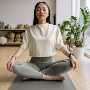 Woman sitting cross-legged on a yoga mat indoors, eyes closed, conveying peace and relaxation.