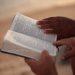 Close-up of hands holding an open Bible on a beach, symbolizing faith and study.