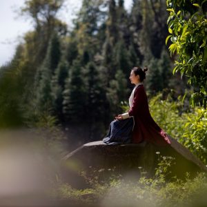 A woman in a traditional costume meditating on a rock amidst nature.