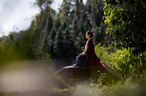 A woman in a traditional costume meditating on a rock amidst nature.