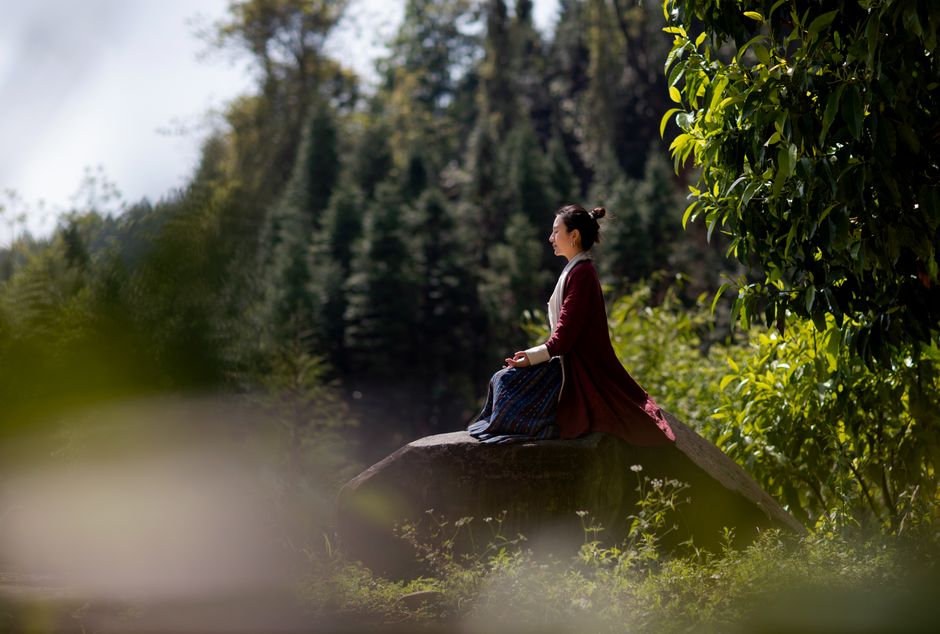 A woman in a traditional costume meditating on a rock amidst nature.