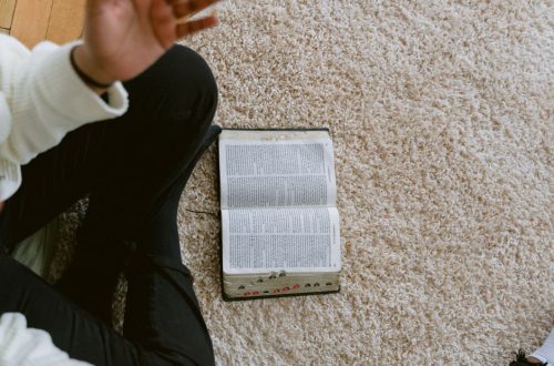 Open Bible on a soft carpet captures a serene moment for reflection and study.