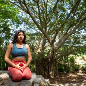 A woman practicing meditation under a banyan tree in nature, promoting tranquility and mindfulness.