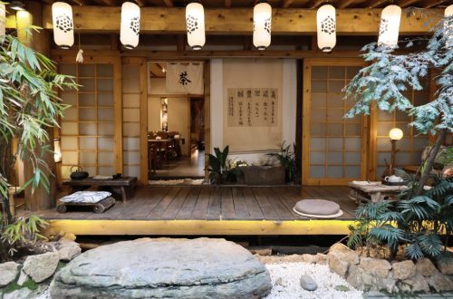 Serene Japanese tea room with lanterns and traditional decor, ideal for meditation and cultural appreciation.